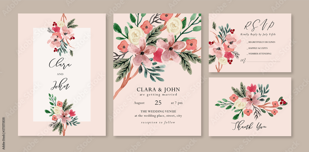 White Rose and Warm Leaves Floral Watercolor Wedding Invitation