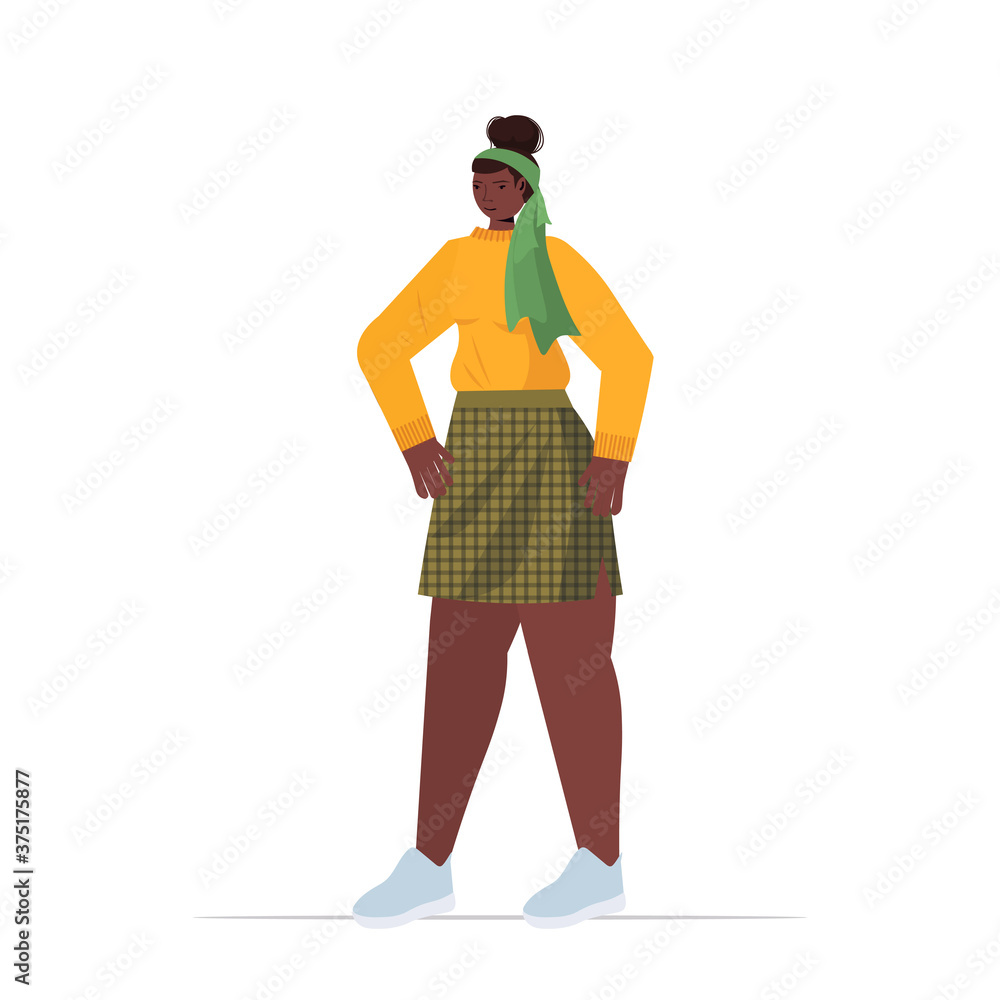 young woman in casual trendy clothes african american male cartoon character standing pose full length vector illustration