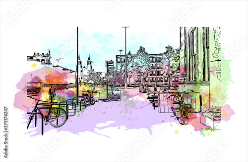 Building view with landmark of Arnhem is a city and municipality situated in the eastern part of the Netherlands. Watercolor splash with hand drawn sketch illustration in vector.