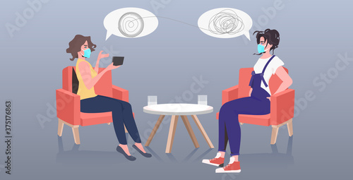 psychotherapist in mask consulting patient during psychotherapy session coronavirus pandemic protection concept horizontal full length vector illustration