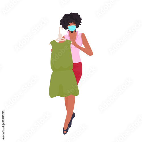 african american saleswoman in mask showing clothes coronavirus pandemic quarantine concept full length vector illustration