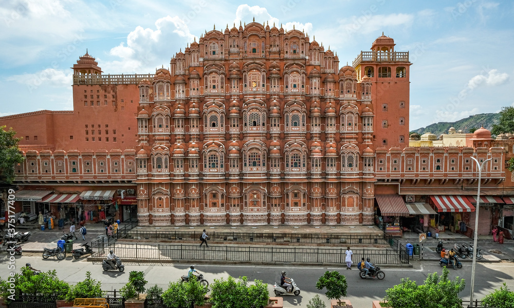 Jaipur, India - August 2020: View of the Hawa Mahal, the most characteristic monument in Jaipur on August 27, 2020 in Rajasthan, India.