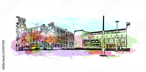 Building view with landmark of Arnhem is a city and municipality situated in the eastern part of the Netherlands. Watercolor splash with hand drawn sketch illustration in vector.