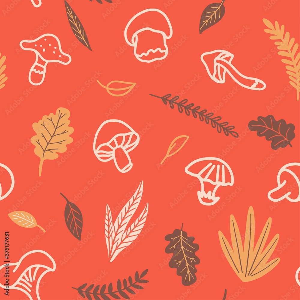 Seamless vector pattern. Doodle mushrooms and plants