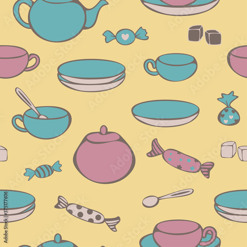 Vector seemless pattern of crockery for tea-drinking - cups, mugs, teapot, sugar bowl, lump sugar and candies. Concept for tea store.