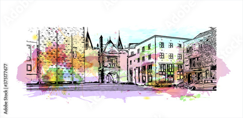 Building view with landmark of Arnhem is a city and municipality situated in the eastern part of the Netherlands. Watercolor splash with hand drawn sketch illustration in vector.