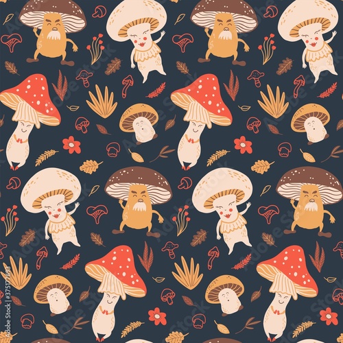 Seamless vector pattern with mushrooms and plants. Cute illustration for fabric, textile, cloth, wear, wallpaper