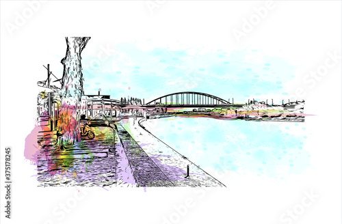 Building view with landmark of Arnhem is a city and municipality situated in the eastern part of the Netherlands. Watercolor splash with hand drawn sketch illustration in vector.