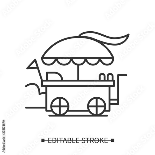 Food cart icon. Hot dog or ice cream street food stand under round umbrella tent linear pictogram. Concept of fair or festival snacks and mobile food stall. Editable stroke vector illustration