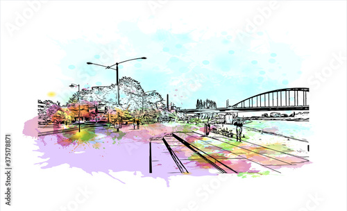 Building view with landmark of Arnhem is a city and municipality situated in the eastern part of the Netherlands. Watercolor splash with hand drawn sketch illustration in vector.