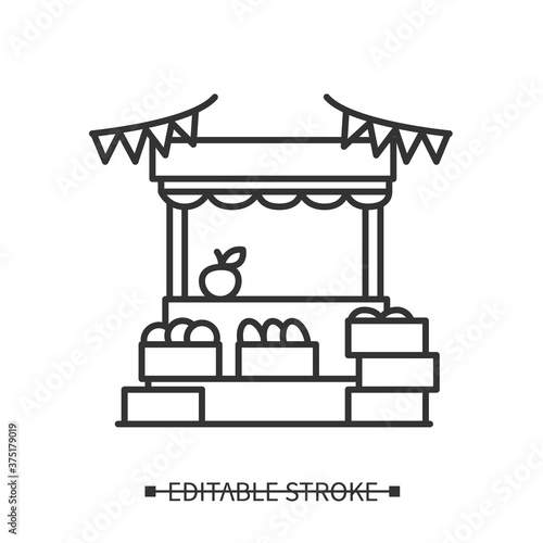 Farmer stall icon. Local grown fruits and vegetables fair stand linear pictogram. Concept of organic food market, summer and autumn harvest festival. Editable stroke vector illustration