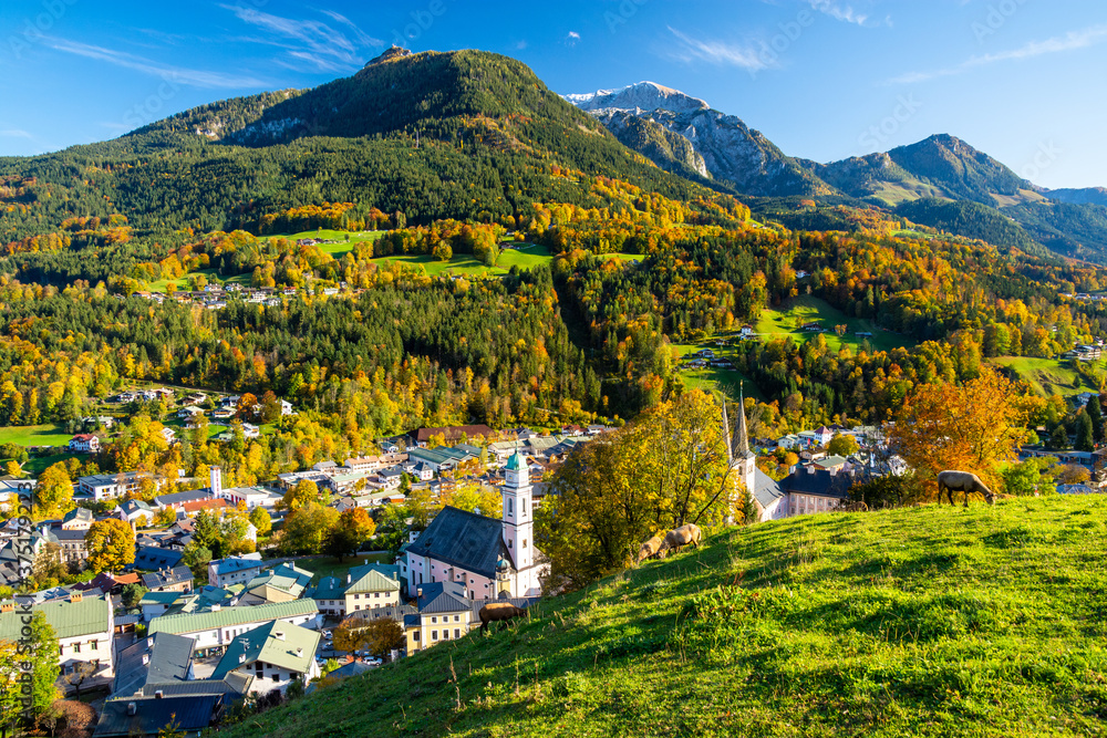 beautiful view on Berchtesgaden in fall in bavarian Alps in Germany