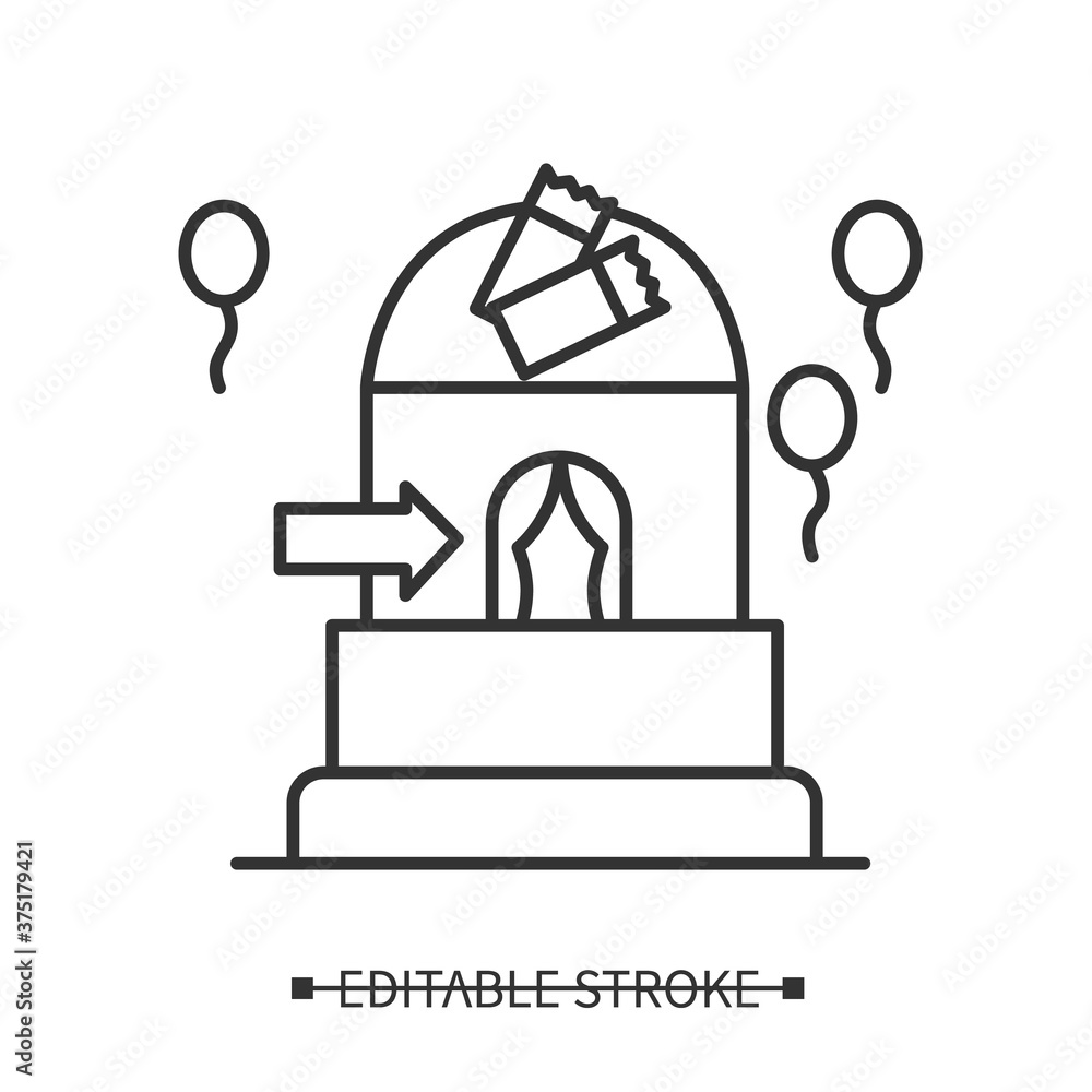 Ticket booth icon. Amusement park, funfair or attraction entrance tent line pictogram. Street fair, summer festival, Christmas holidays and entertainment concept. Editable stroke vector illustration Ticket booth icon. Amusement park, funfair or attraction entrance tent line pictogram. Street fair, summer festival, Christmas holidays and entertainment concept. Editable stroke vector illustration