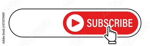 Subscribe. Subscribe button with hand cursor. Subscribe red button vector icon, isolated. Marketing. Vector illustration