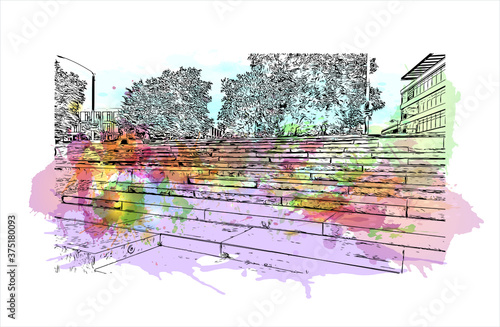 Building view with landmark of Arnhem is a city and municipality situated in the eastern part of the Netherlands. Watercolor splash with hand drawn sketch illustration in vector.