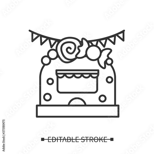 Candy shop icon. Street fair kiosk with sweets and lolypops linear pictogram. Concept of local spring summer or Christmas festival and children treats. Editable stroke vector illustration