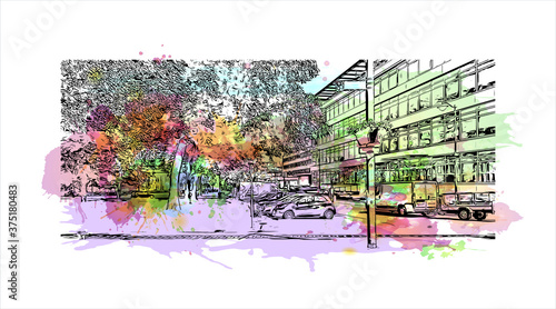 Building view with landmark of Arnhem is a city and municipality situated in the eastern part of the Netherlands. Watercolor splash with hand drawn sketch illustration in vector.