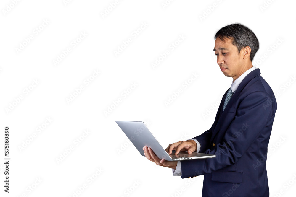 asian business man wearing a suit hold and looking at computer notebook screen and type keyboard isolated on white background with copy space & clipping path asian business man wearing a suit hold and looking at computer notebook screen and type keyboard isolated on white background with copy space & clipping path