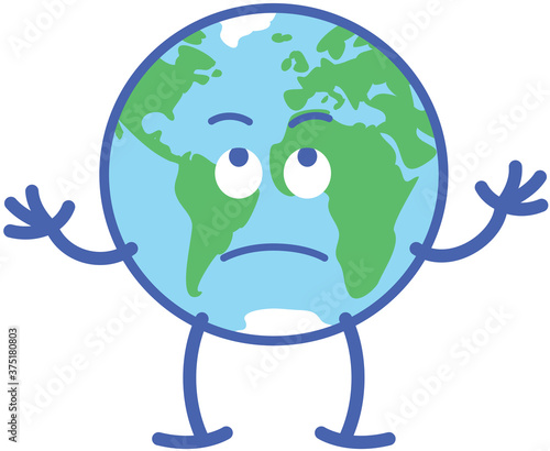 Cute planet Earth in minimalist style and flat colors showing continents and oceans. It's raising its hands and rolling eyes while feeling fed up. It's asking questions, complaining and protesting