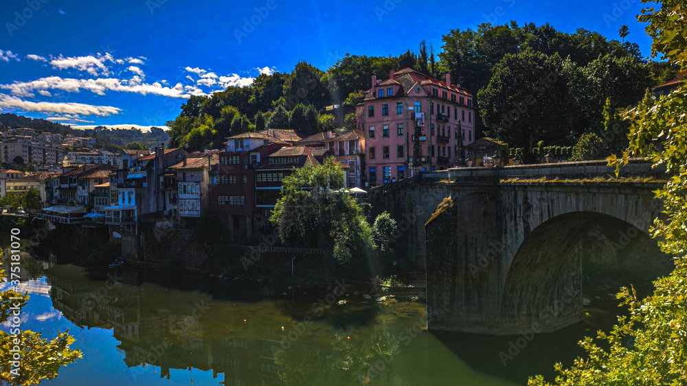 Houses with trees and a river with his Saint Gonçalo bridge, Amarante, Portugal.