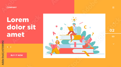 Students studying textbooks. Woman sitting on stack of books and reading. Vector illustration for library, bookworm, bookstore concept