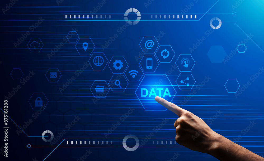 Male Hand Clicking On Data Button On Digital Screen With Multimedia Icons Male Hand Clicking On Data Button On Digital Screen With Multimedia Icons