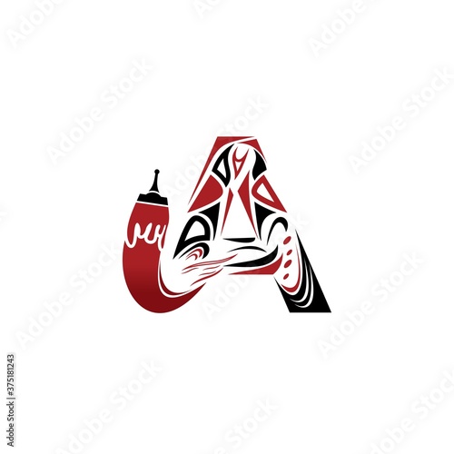 letter A and paint brush with traditional Tlingit art style logo icon vector design template