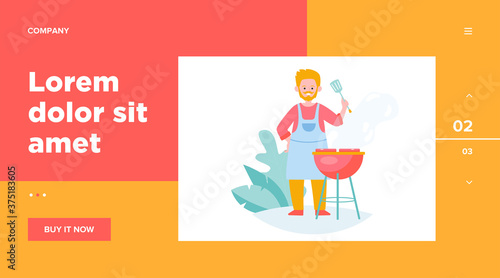 Man fried meat on nature flat vector illustration. Cartoon cook grilling steak and cooking fresh food or shashlik outdoors. Summer BBQ and picnic concept