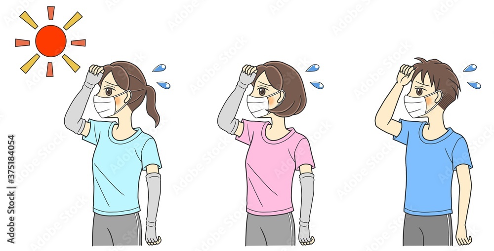 Three young people with masks suffering from summer heat Three young people with masks suffering from summer heat