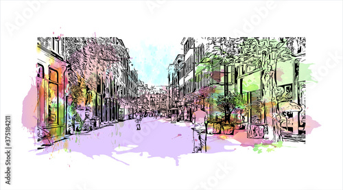 Building view with landmark of Arnhem is a city and municipality situated in the eastern part of the Netherlands. Watercolor splash with hand drawn sketch illustration in vector.