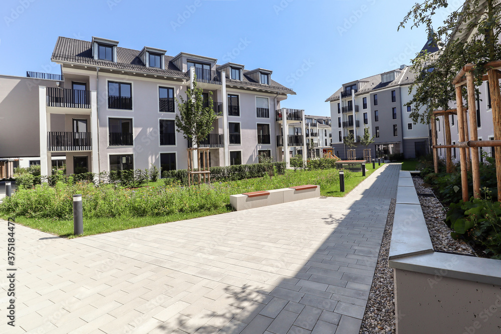 Modern apartment buildings in a green residential area in the city