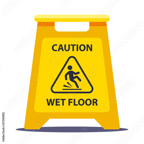 yellow information plate caution slippery floor. wash the floors at school. flat vector illustration isolated on white background.