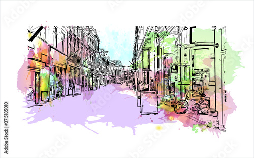 Building view with landmark of Arnhem is a city and municipality situated in the eastern part of the Netherlands. Watercolor splash with hand drawn sketch illustration in vector.