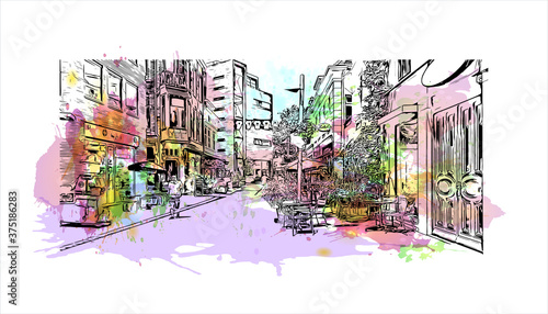 Building view with landmark of Arnhem is a city and municipality situated in the eastern part of the Netherlands. Watercolor splash with hand drawn sketch illustration in vector.