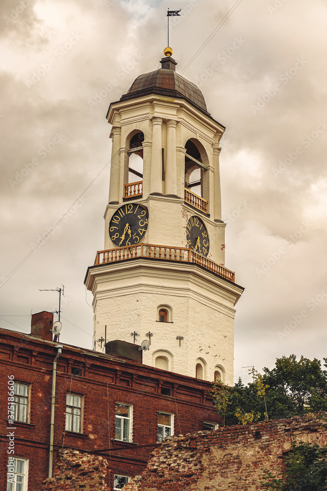 View of the old Clock Tower in Vyborg, Leningrad region, Russia.