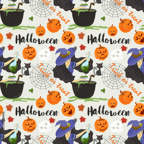 seamless pattern for design on the feast of all Hallows eve Halloween Witch pours a potion from a test tube cauldron pumpkin spider web flat vector illustration