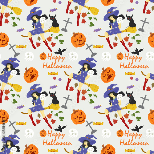 seamless pattern for design on the feast of all Hallows eve Halloween Witch sitting on a broom, skull, pumpkin and labels flat vector illustration