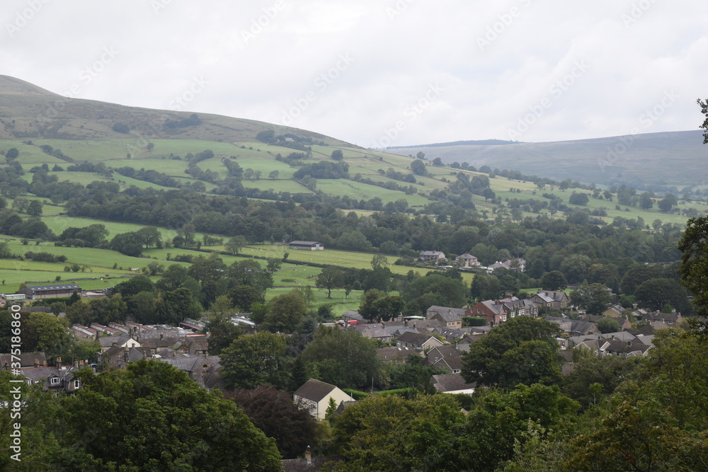 Scenic, aerial views of the Hope Valley and Castleton, in the Peak District, UK