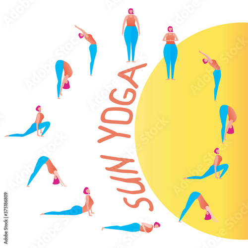 Young girl doing yoga as sun salutation concept, flat vector stock illustration or infographics with text for Surya namaskar