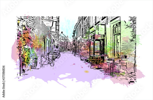 Building view with landmark of Arnhem is a city and municipality situated in the eastern part of the Netherlands. Watercolor splash with hand drawn sketch illustration in vector.