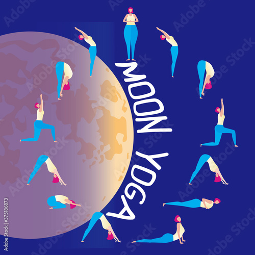 Young girl doing yoga as a concept or infographics of salutation to the moon or chandra namaskar. Flat vector stock illustration or graphic with collection of yoga asanas, young woman and moon