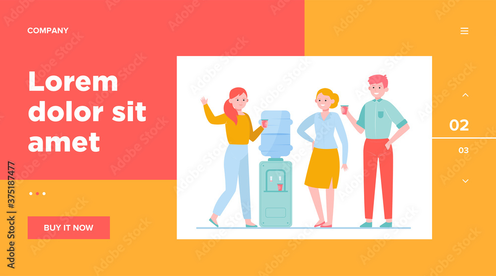 Office cooler meeting flat vector illustration. Cartoon young colleagues drinking water near dispenser and talking. Workplace and coffee break concept Office cooler meeting flat vector illustration. Cartoon young colleagues drinking water near dispenser and talking. Workplace and coffee break concept