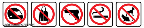Prohibition Sign collection for public place.  No helmet, No Jacket, No Weapon,No Smoking and No Pets Icons