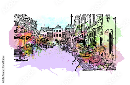 Building view with landmark of Arnhem is a city and municipality situated in the eastern part of the Netherlands. Watercolor splash with hand drawn sketch illustration in vector.
