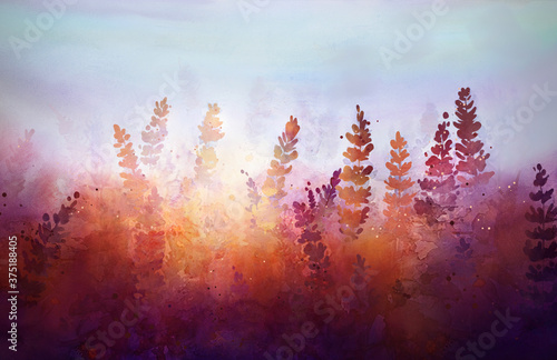 watercolor drawing of plants against the backdrop of a sunny sunset