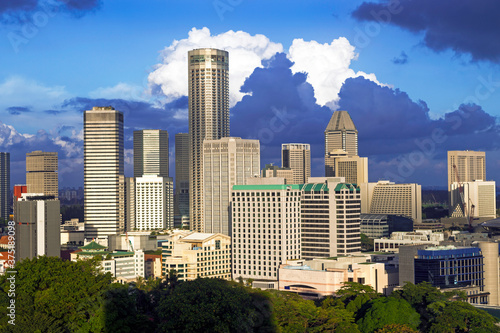 South East Asia, Singapore, Elevated view over Fort Canning Park and the modern City Skyline photo