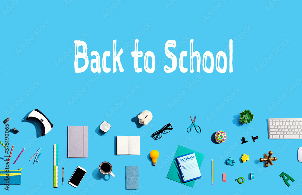 Back to school with collection of electronic gadgets and office supplies