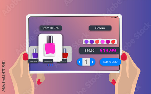 A girl holds a digital tablet on the screen of an online cosmetics store