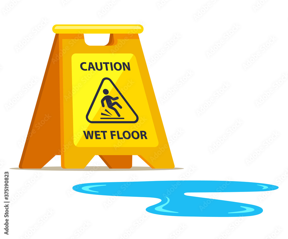 yellow sign carefully wet floor and puddle nearby. flat vector illustration. - obrazy, fototapety, plakaty 