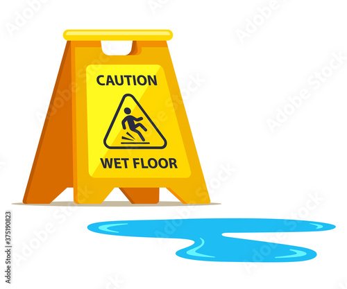 yellow sign carefully wet floor and puddle nearby. flat vector illustration.